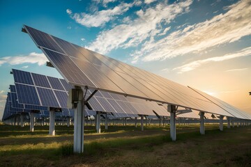 Solar panels in rows capture sunlight, emphasizing energy efficiency under a golden sunset