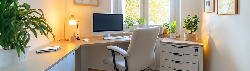 Cozy home office with ergonomic chair, warm lighting, small desk, Comfortable home office space, comfort