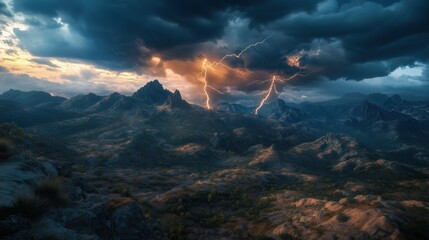 Lightning Strike over Mountainous Landscape