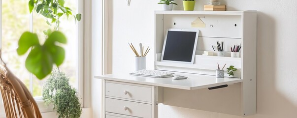 Small home office with space-saving furniture, vertical storage, compact desk, Small home office solutions, innovation