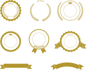 Set of blank golden vintage labels, badges and ribbons. Vector illustration with empty space for text. Perfect template for premium quality product, price promotion and certification designs.