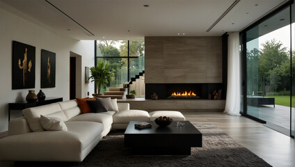 Modern Living Room with Fireplace and Large Windows