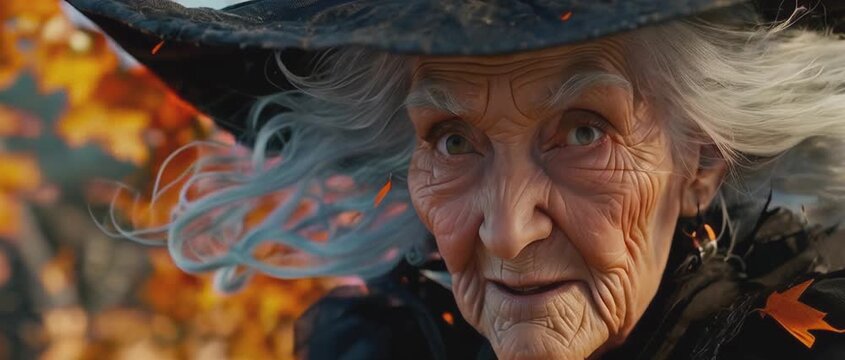 Halloween. A old witch flying on a broomstick through a mystical forest during autumn, with vibrant orange leaves falling around her. Perfect for themes of fantasy, Halloween, magic, and adventure.