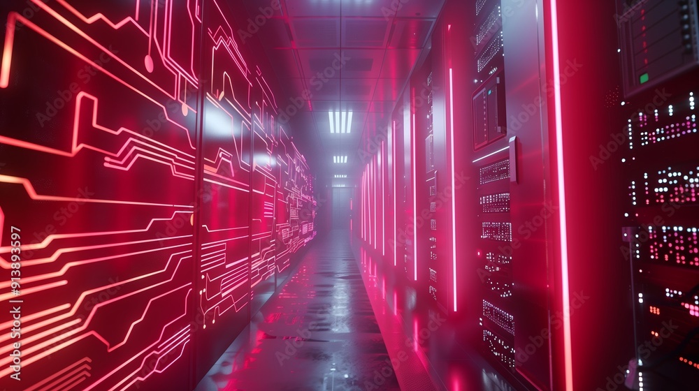 Poster high-tech data center corridor bathed in red light with circuit patterns illuminating the walls