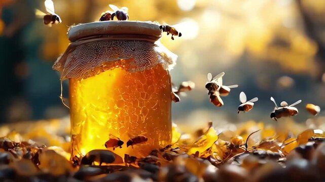 A jar full of honey on a trunk as a podium, bees in the air complement the natural environment, blurred background