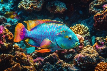Obraz premium A vibrant blue parrotfish swimming among colorful coral reefs