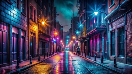 Dark empty street with neon lights and spotlights, creating a mysterious and atmospheric night scene , dark, empty