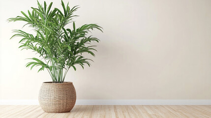 Fototapeta premium A large plant is sitting in a basket on a wooden floor. The plant is green and he is healthy. The basket is brown and has a rustic feel to it. The room is empty and has a simple, clean look to it