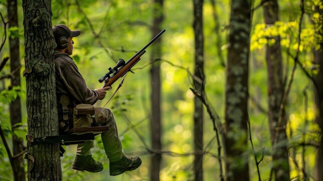 Hunter Sitting in a Tree Stand with a Rifle