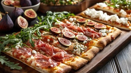 Selection of gourmet pizza toppings like prosciutto, figs, arugula, goat cheese, and caramelized onions, beautifully displayed on a cutting board.