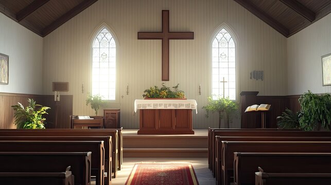 The interior of a Protestant church featuring simple decor, a wooden cross, and an open Bible on the altar.