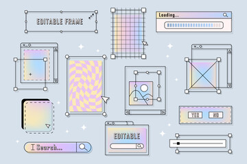 Vector retro frames or vintage computer window elements. Button and textbox, editable search and volume, progress bar. Old operation system symbol set for user interface. Vaporwave digital UI and UX
