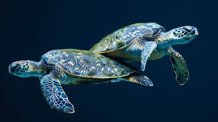 Fototapeta premium Two green sea turtles gracefully glide through the water, swimming side by side in harmony.