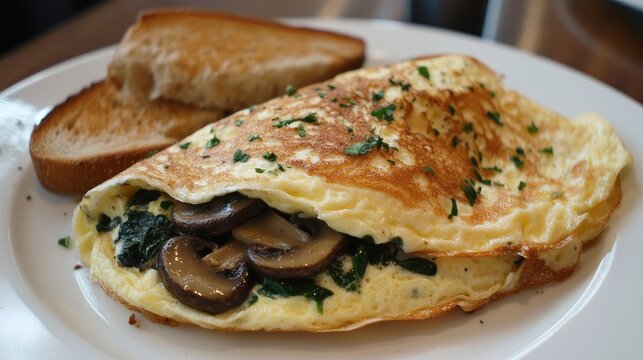 A close-up of a fluffy omelet filled with cheese, mushrooms, and spinach, served on a white plate with a side of toast.