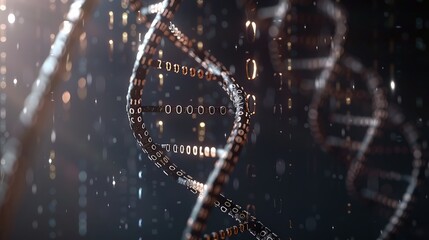 Abstract representation of a DNA helix made up of numerous floating digital bits, portraying the integration of genomics and big data analytics
