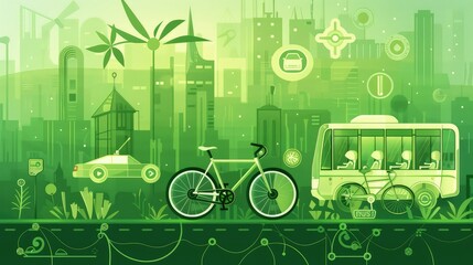 An abstract composition featuring eco-green vector icons like a bicycle, an electric car, and a public transport bus, symbolizing sustainable transportation, set against a green cityscape background.