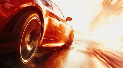 Blazing red sports car speeding on a wet road with bright motion blur background. Concepts of speed, power, and dynamic movement in automotive design.