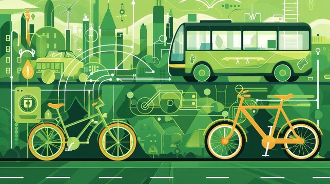 An abstract composition featuring eco-green vector icons like a bicycle, an electric car, and a public transport bus, symbolizing sustainable transportation, set against a green cityscape background. - Powered by Adobe