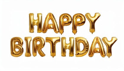 Realistic Golden Balloon Text: 'Happy Birthday' on Transparent Background"