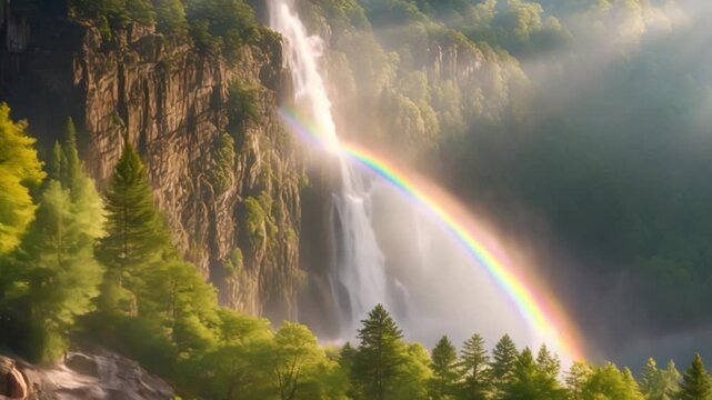 waterfall view on a rocky mountain cliff
