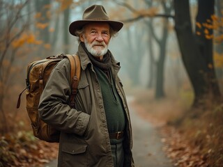 Senior Man with Backpack Exploring Autumn Forest Trail