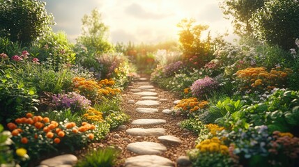 Lush Organic Herbal Medicine Garden with Various Plants