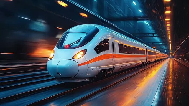 High speed fast train passenger locomotive in motion at the railway station city