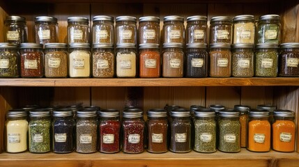 A detailed shot of a spice rack in a kitchen, with neatly labeled jars of herbs and spices.