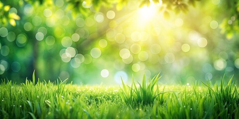 Obraz premium Fresh spring sunny garden with green grass and blurred foliage bokeh , nature, garden, spring, sunny, green, grass