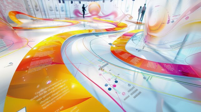 An abstract representation of a customer journey map spread out on a virtual surface, detailing touchpoints, emotions, and actions with flowing curves and bright, distinct colors.