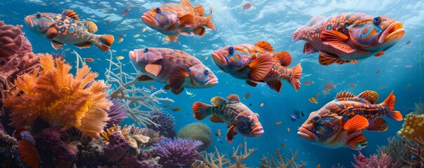 Elegant coral groupers in a vibrant reef, 4K hyperrealistic photo