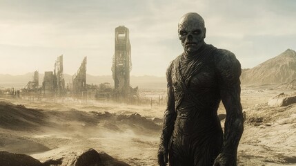A lone mutant with unique features standing in a post-apocalyptic landscape, looking determined.