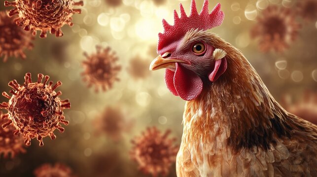 Close-up of a chicken surrounded by virus particles, symbolizing avian influenza H5N1 and health risks. Ideal for concepts related to poultry farming, disease, and biosecurity