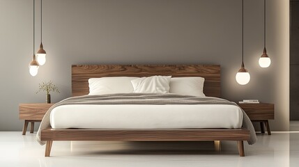 A modern bedroom design with a minimalist bed frame, crisp bedding, and stylish bedside lamps.