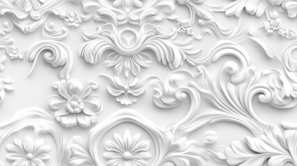 Seamless barocco scrollwork pattern venzel and whorl Royal vintage Victorian Gothic Rococo white background.