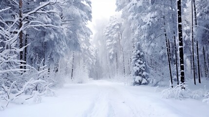 A snowy forest with a road in the middle. The snow is deep and the trees are bare. The sky is blue and the snow is falling. Winter background.