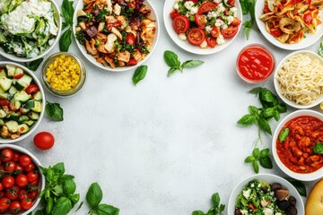 Assortment of healthy food dishes. Top view. Free space for your text. ai