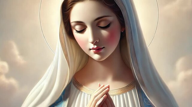 Portrait of the Virgin Mary in prayer with serene background
