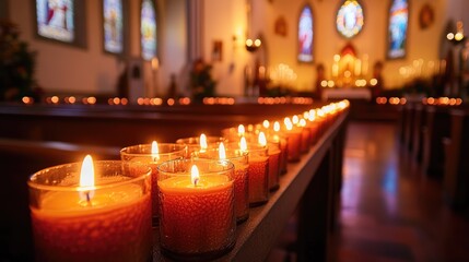 A serene scene of a chapel with rows of votive candles lit by parishioners.