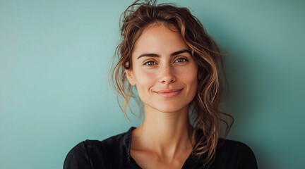 Fototapeta premium attractive woman. Portrait from three-quarters of the waist up, looking at viewer, smiling. plain color background. horizontal composition