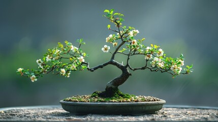 A bonsai in Slanting style, with its trunk growing at an interesting angle