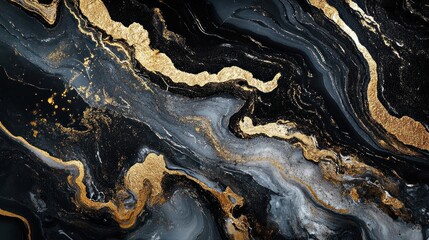 Abstract Swirling Black, Gold, and Grey Liquid Art