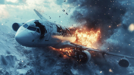 Obraz premium Airplane Crash and Explosion Over Snowy Mountains