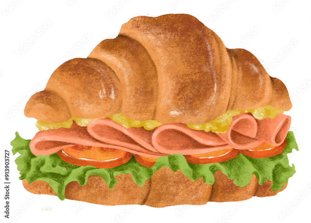 Poster Croissant club sandwich png sticker, breakfast food illustration, transparent background