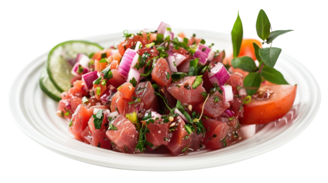 Plate of ahi tuna tartare on transparent background
