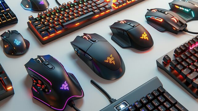 An assortment of 3D gaming mouse and keyboard mockups, including RGB lighting effects and customizable buttons, each displayed on a white surface.