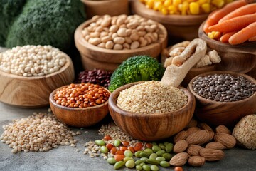 Selection of healthy rich fiber sources vegan food for cooking, ai