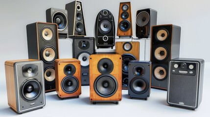 Obraz premium An assortment of 3D speaker mockups, from portable to high-fidelity systems, each displayed against a clean white background.