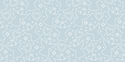 Seamless pattern with cute angels and hearts. Vector background.