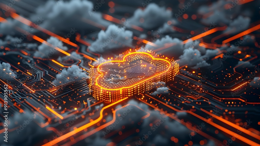 Poster futuristic cloud infrastructure with glowing data points and modern technology network